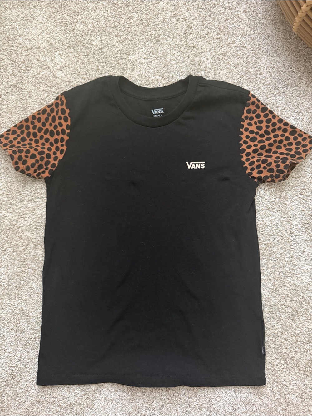 Vans Black Tee with Brown Leopard Print Sleeves